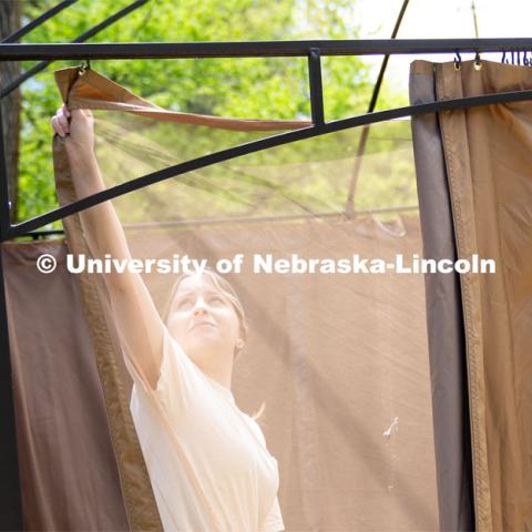 Tri Delta’s Kate Freeman, hangs and adjusts a screen for a homeowner’s backyard pergola during the Big Event. May 4, 2024. Photo by Kirk Rangel for University Communication.